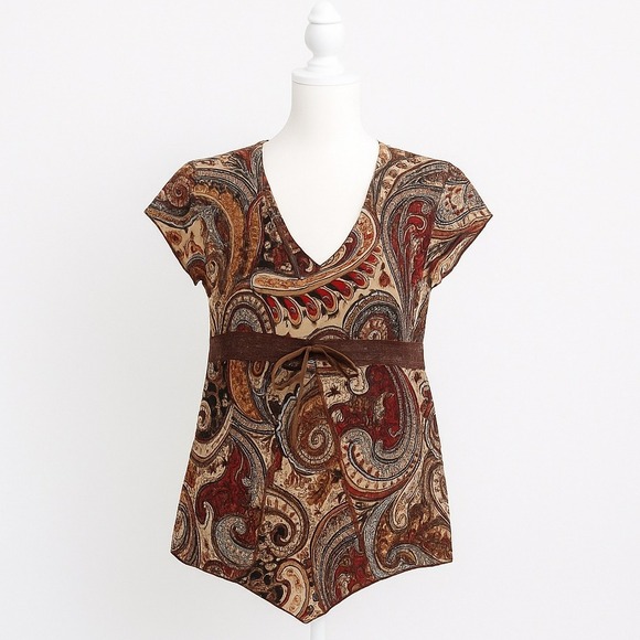 Y2K Julie's Closet Womens Babydoll Top Size M Brown Paisley Mesh Lace Indie Boho - Picture 1 of 6